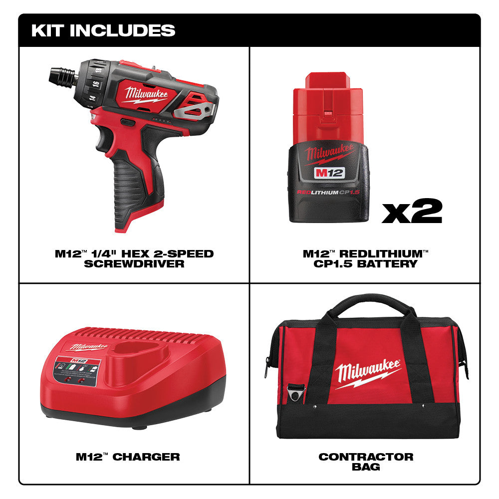 Milwaukee M12 1/4 inch hex 2-speed screwdriver with two batteries, charger, and red contractor bag.