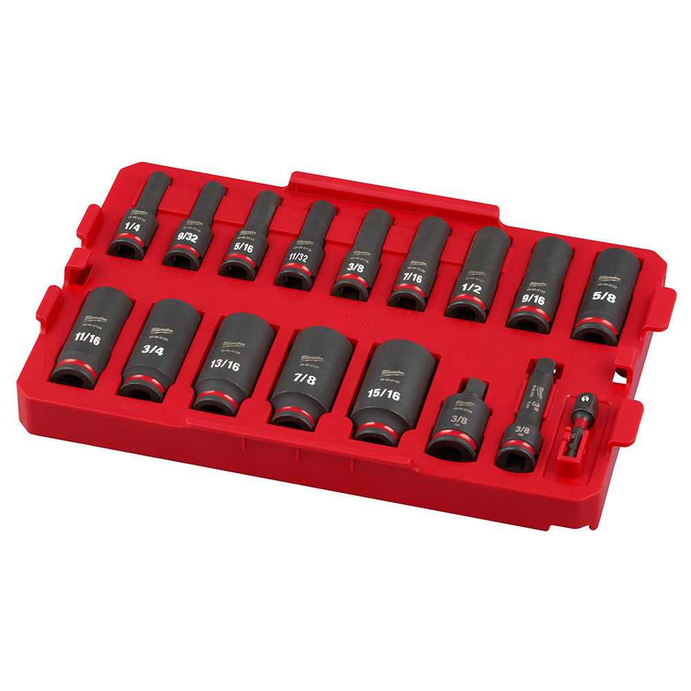 Seventeen black impact sockets with SAE markings arranged in red plastic tray with carrying handle.