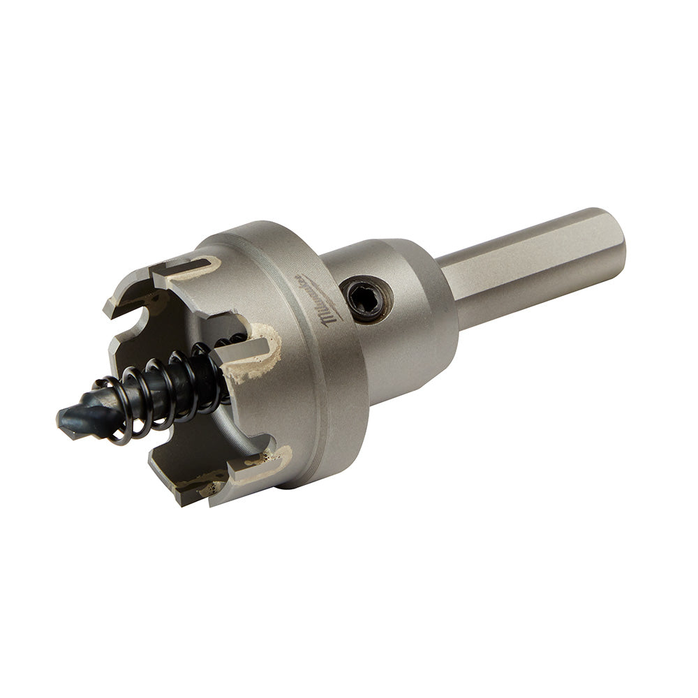 Milwaukee carbide hole cutter with cylindrical shank, fluted cutting head, and center drill bit.