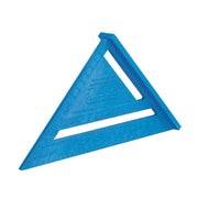 Blue polycast rafter square with metric scale markings and measurement graduations on two sides.