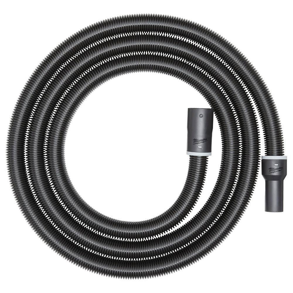 Black flexible hose coiled in a circle with two dark plastic connectors attached to each end.
