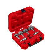 Eight carbide hole cutters with varying sizes in red carrying case with black latches.