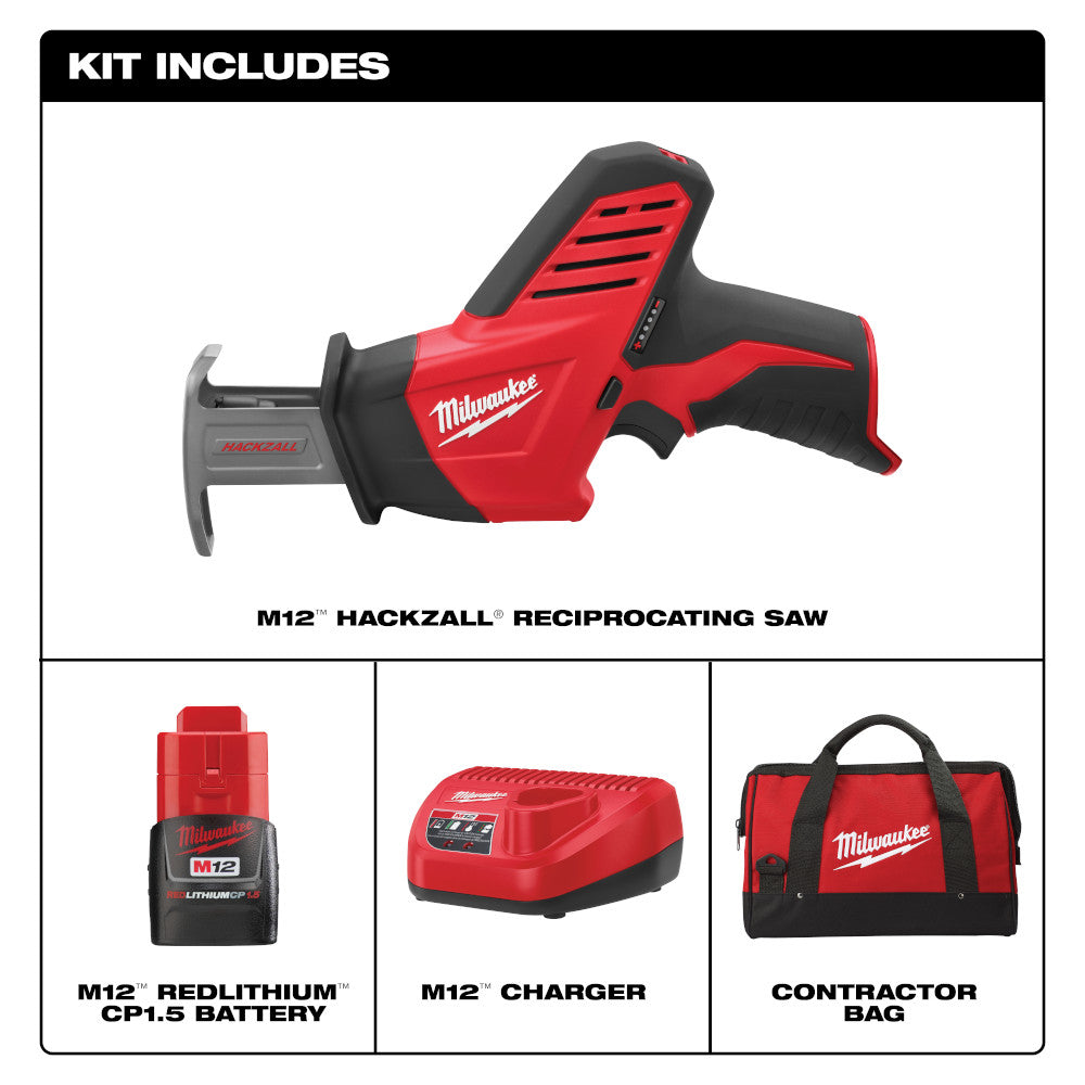 M12 HACKZALL reciprocating saw in red and black with battery, charger, and contractor bag included.