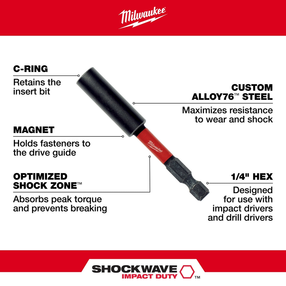 Black and red Milwaukee Shockwave conduit reaming bit holder with 1/4" hex end and labeled features including C-ring, magnet,
