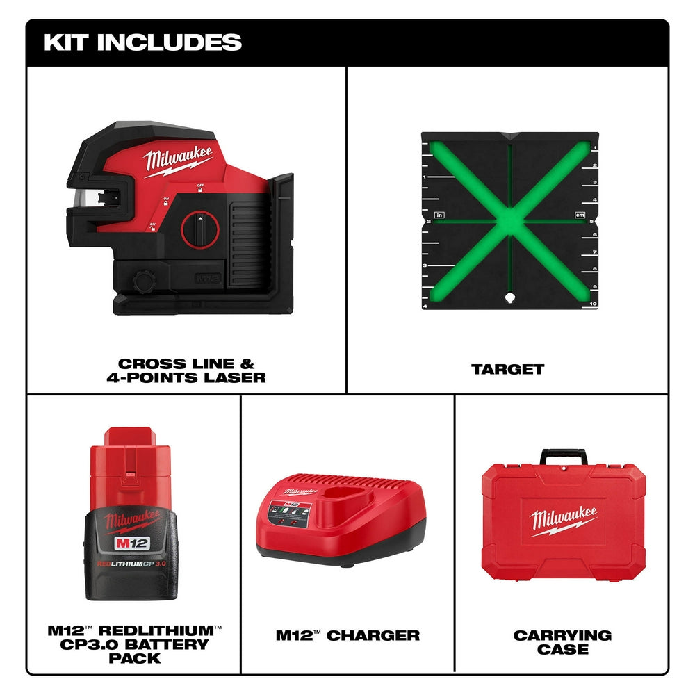 Milwaukee M12 green cross line and 4-point laser with battery, charger, target, and carrying case.