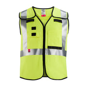 High-visibility yellow safety vest with silver reflective stripes, black trim, multiple pockets, and breakaway closure design