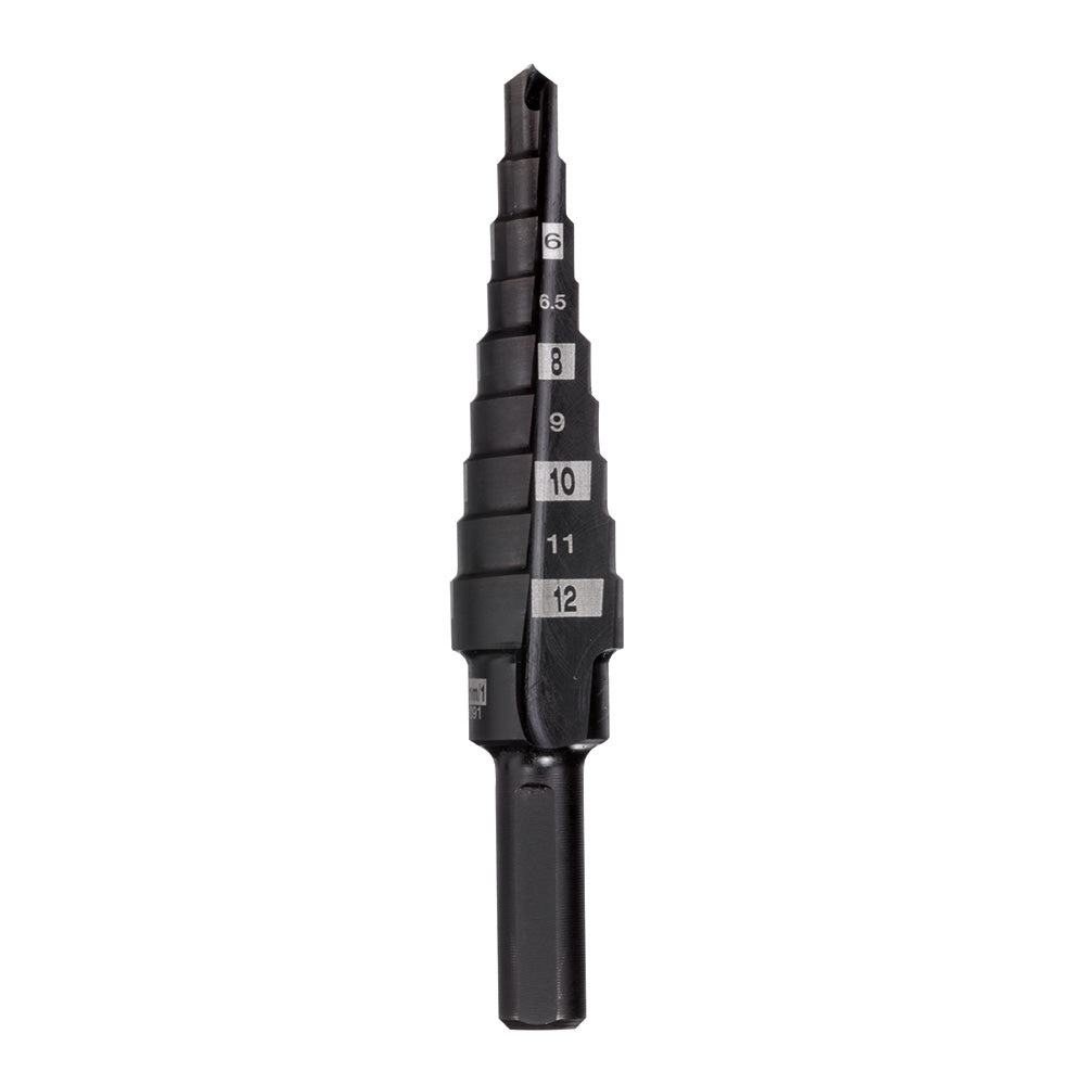 Black step drill bit with graduated sizes labeled 6 through 12 millimeters, featuring a pointed tip and cylindrical shank.