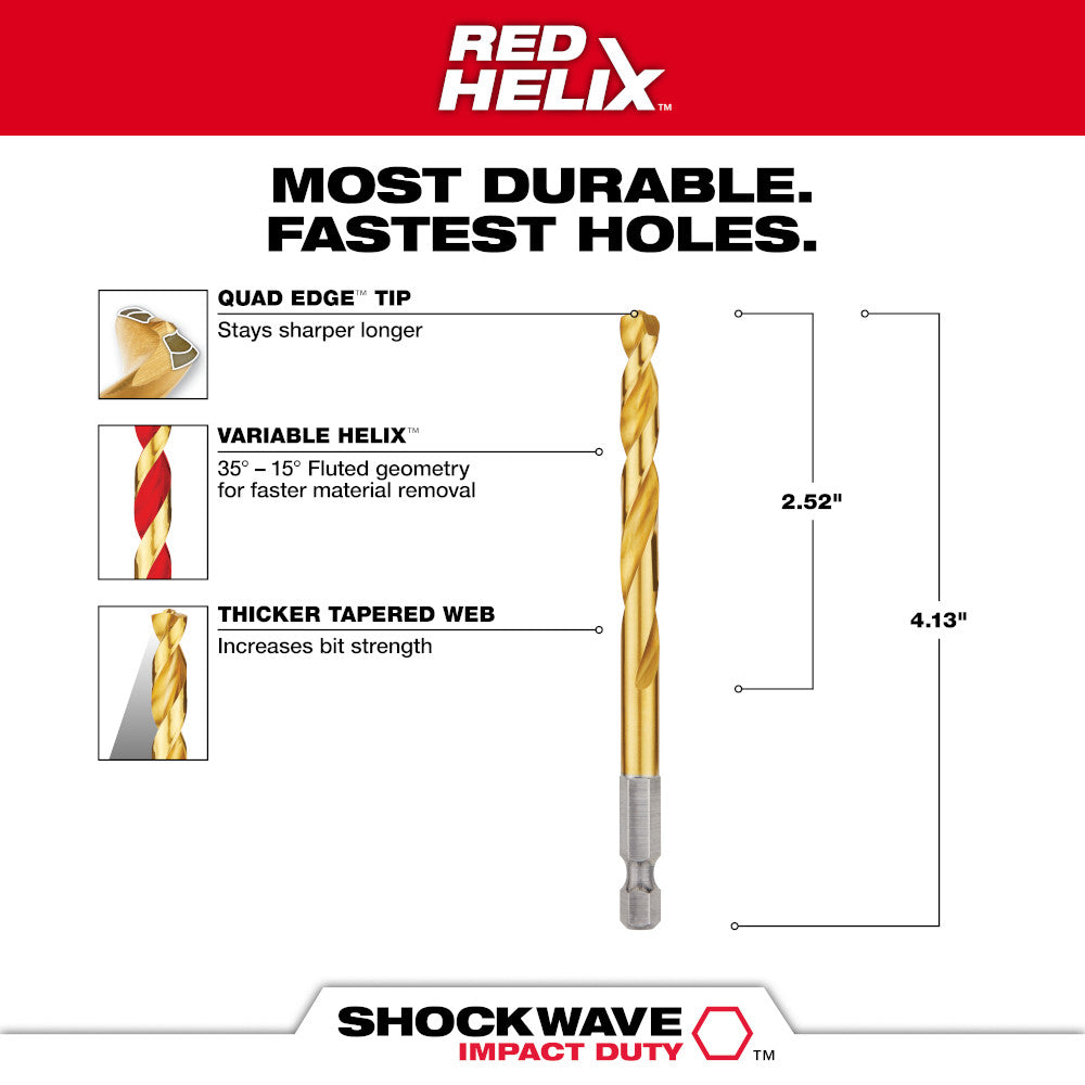 Gold titanium drill bit with fluted spiral design, hex shank, featuring quad edge tip and tapered web.