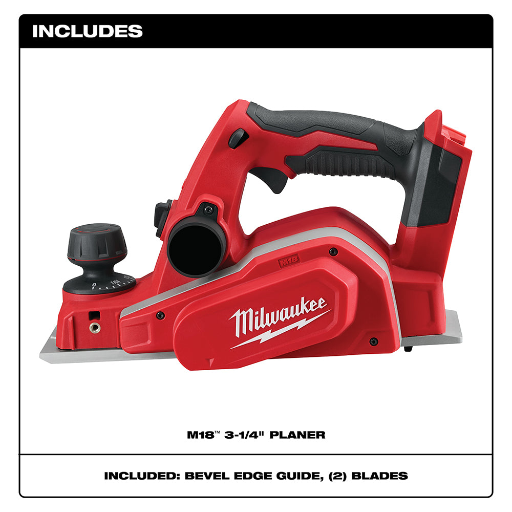 Red and black Milwaukee M18 cordless planer with depth adjustment knob and ergonomic handle.