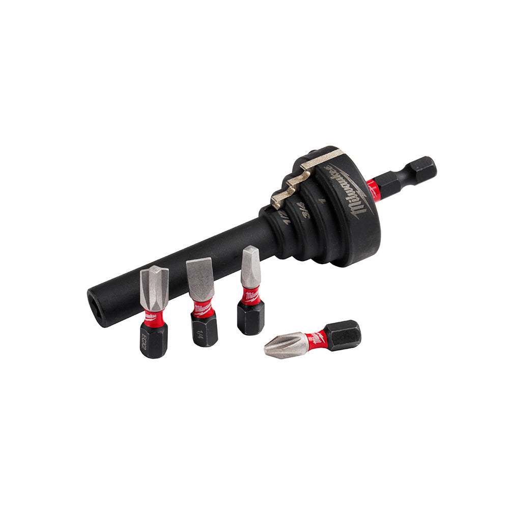 Black conduit reaming bit holder with Milwaukee branding, four interchangeable bits with red and black handles displayed sepa