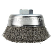 Carbon steel crimped wire cup brush with 3-1/2 inch diameter and threaded arbor for power tool mounting.