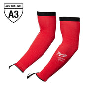 Pair of red protective sleeves with black cuffs and thumb holes, ANSI Cut Level A3 rated.