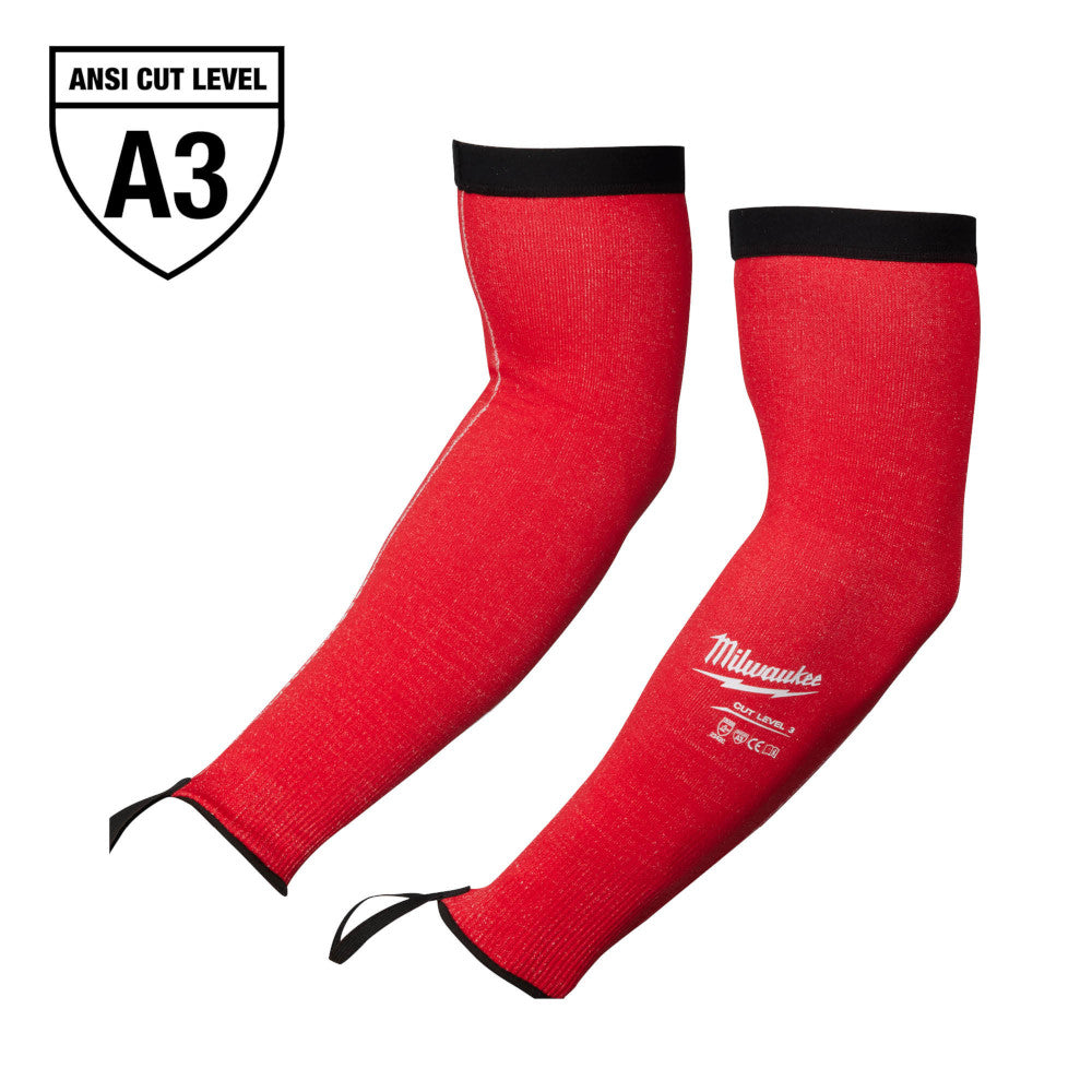 Pair of red protective sleeves with black cuffs and thumb holes, ANSI Cut Level A3 rated.