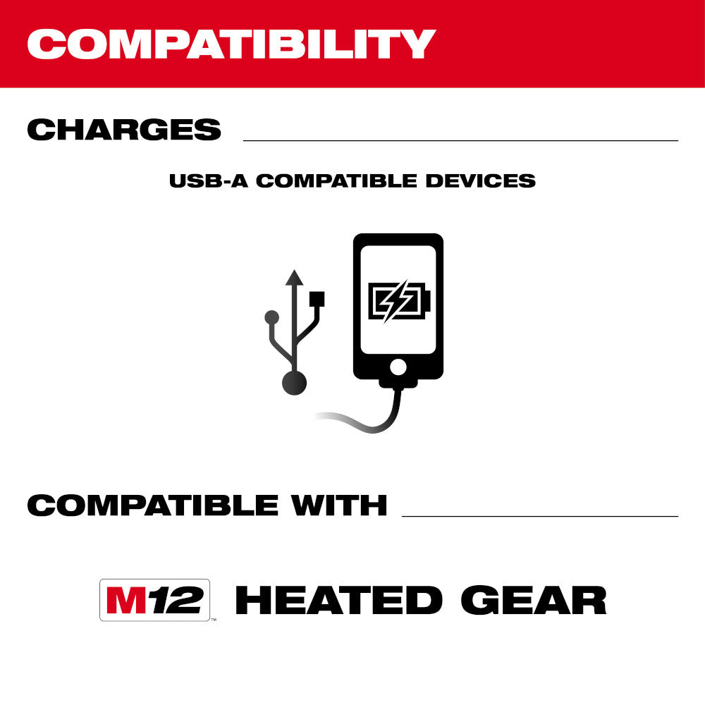 Compatibility chart showing USB-A charging for compatible devices and M12 heated gear compatibility.