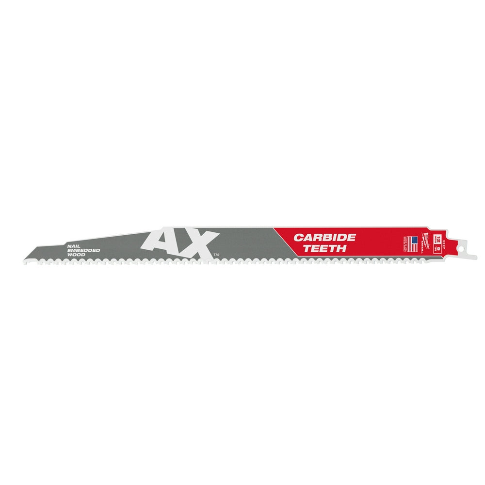 Milwaukee 12-inch carbide-toothed reciprocating saw blade with gray and red label marking.