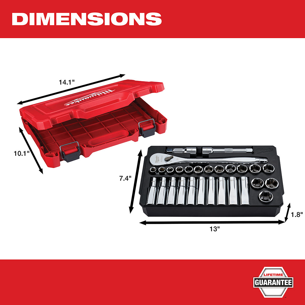 28-piece metric socket wrench set with red storage case and black organizer tray containing sockets and extensions.