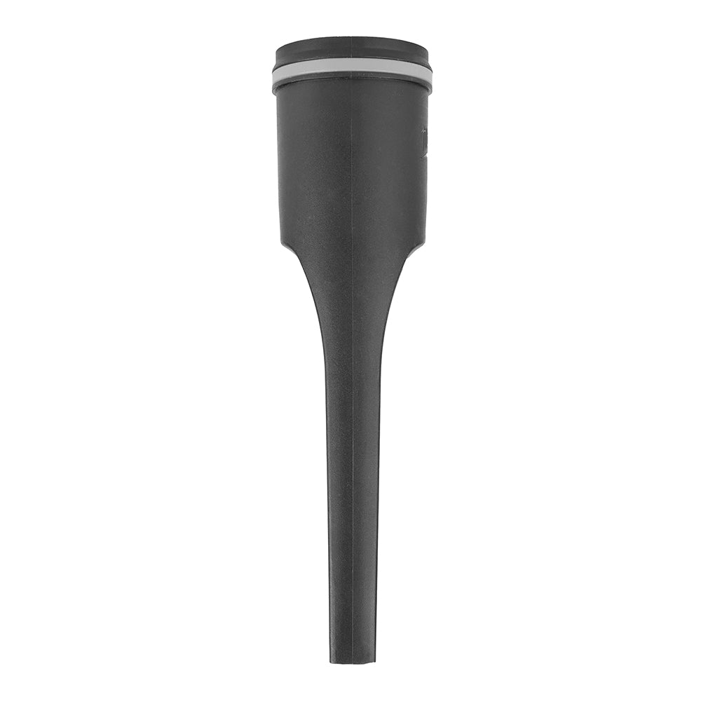 Black plastic crevice tool with cylindrical head and tapered shaft for vacuum attachments.