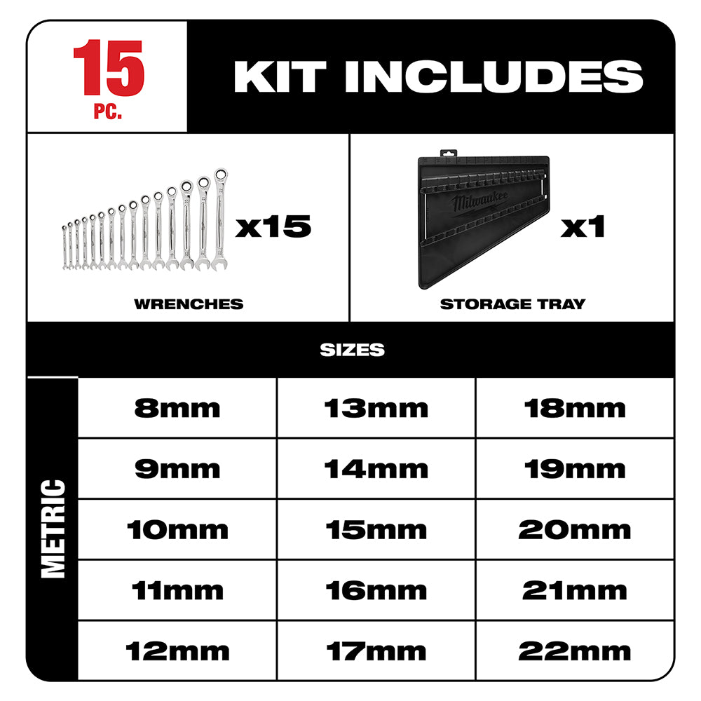 Fifteen metric ratcheting combination wrenches ranging from 8mm to 22mm with black storage tray.