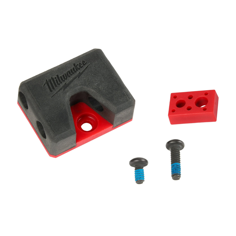 Black and red Milwaukee bit holder accessory with red mounting block and two screws included.