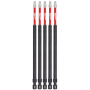 Five Milwaukee Shockwave power bits with red and black shafts and square recessed tips displayed vertically.