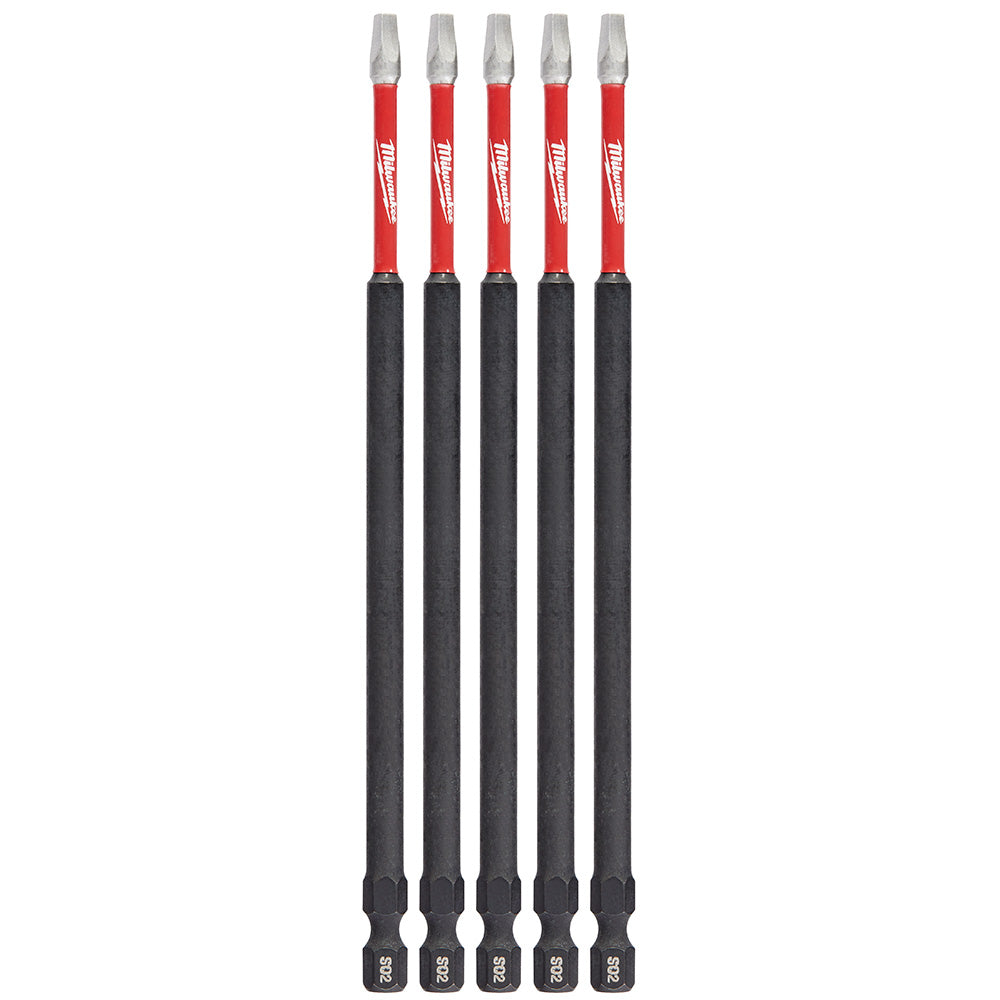 Five Milwaukee Shockwave power bits with red and black shafts and square recessed tips displayed vertically.
