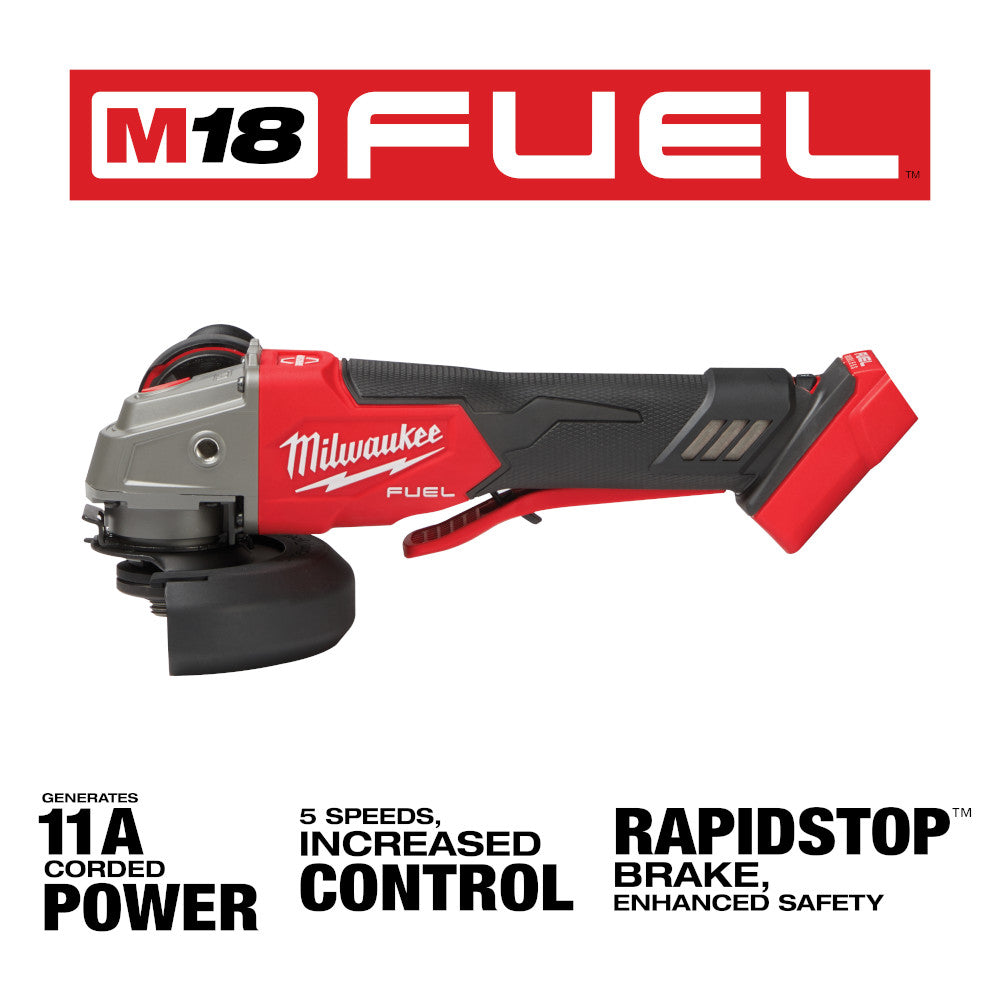 Red and black Milwaukee M18 FUEL angle grinder with paddle switch, shown from the side view.