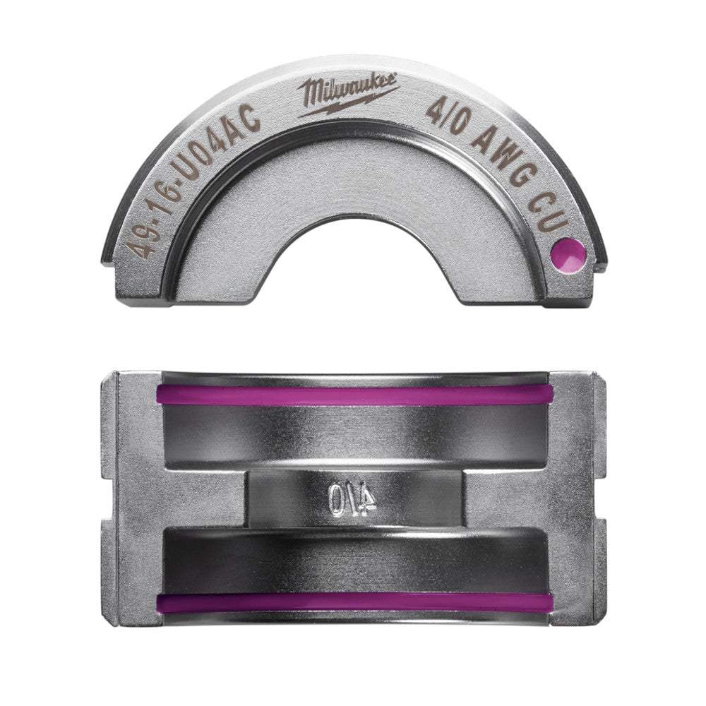 Milwaukee 4/0 copper U-style die with curved top die and rectangular bottom die featuring purple color bands.