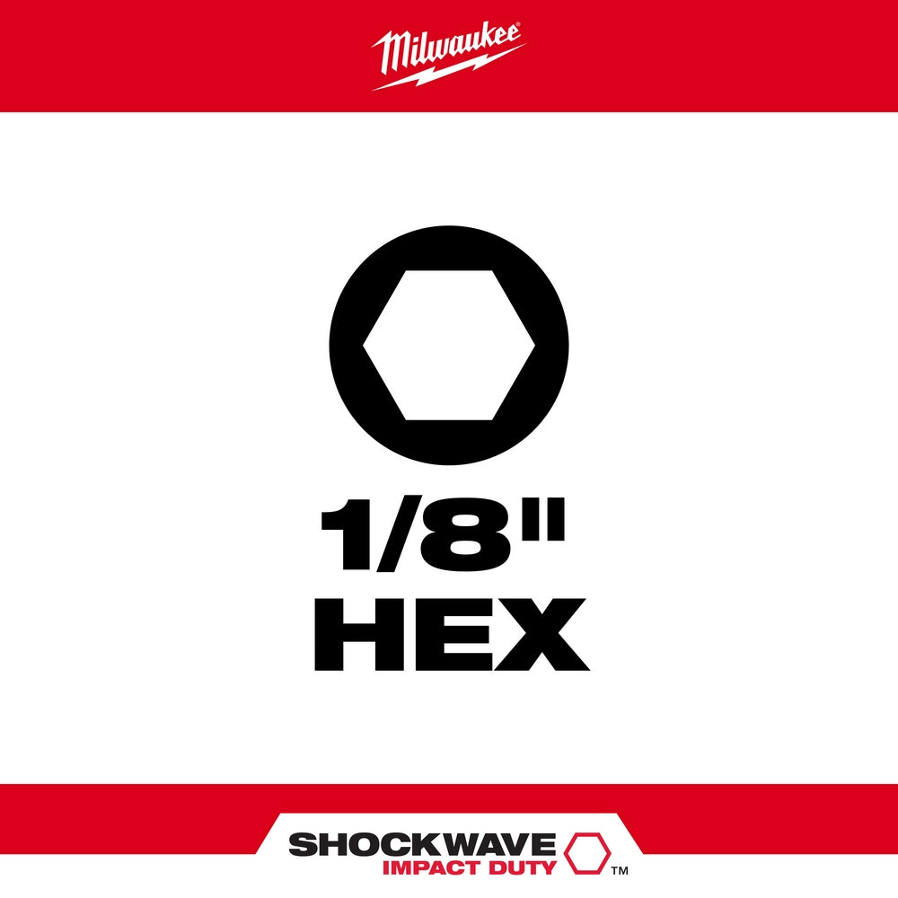 Hexagonal impact insert bit with 1/8 inch size displayed with Milwaukee Shockwave branding.