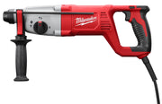 Red and gray Milwaukee SDS Plus rotary hammer with black grip handle and power cord.