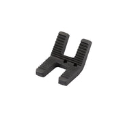 Black metal U-shaped jaw with horizontal grooves on both prongs and two mounting holes in the center bridge.
