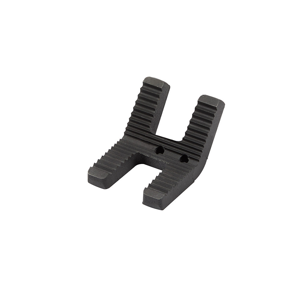 Black metal U-shaped jaw with horizontal grooves on both prongs and two mounting holes in the center bridge.