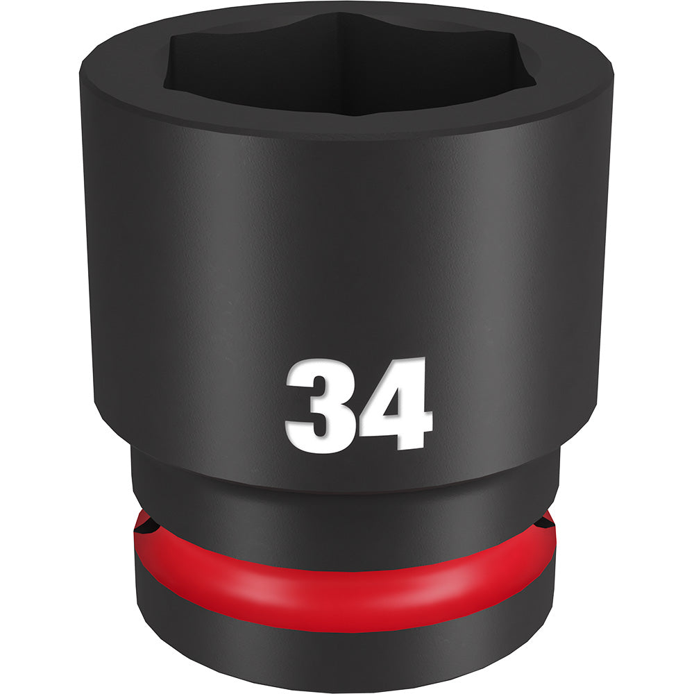 Black 34MM 6-point socket with red band and 3/4" drive connection for impact tools.