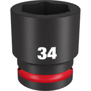 Black 34MM 6-point socket with red band and 3/4" drive connection for impact tools.
