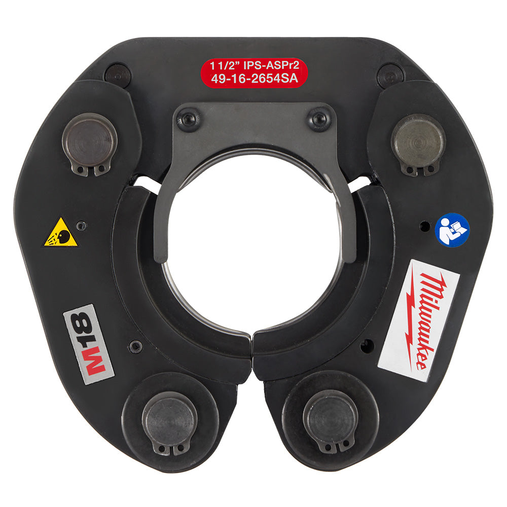 Black metal press ring with 1-1/2" IPS-ASPr2 opening, four contact points, and Milwaukee branding.