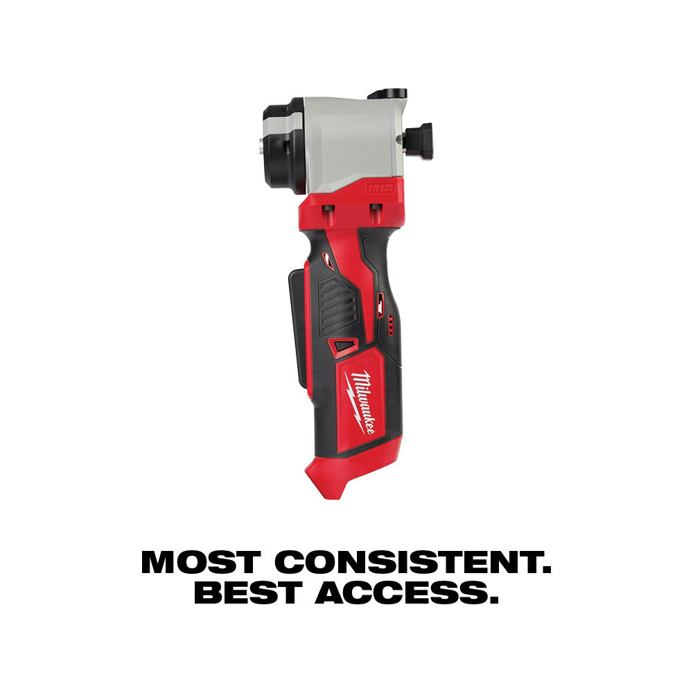 Milwaukee M12 cable stripper with red and black body, gray feed head, and black grip handle.