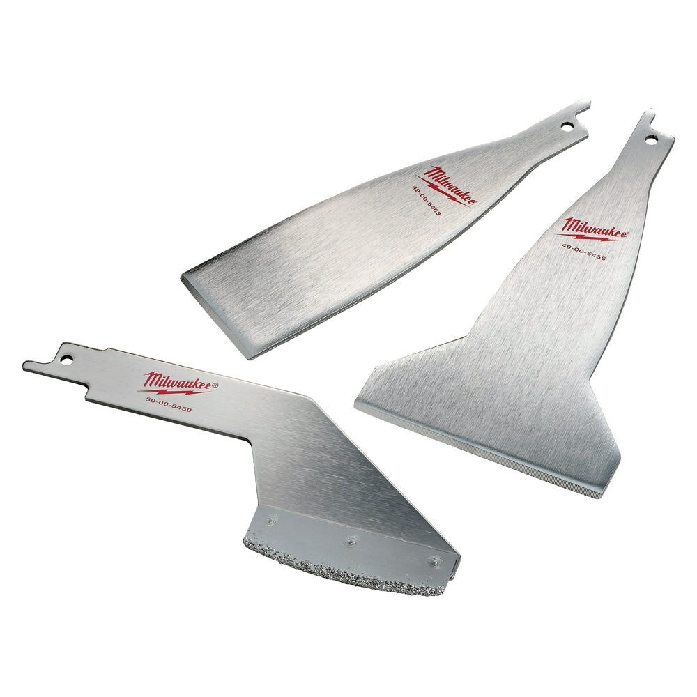 Three Milwaukee steel scraper blades with handles in varying widths and shapes, one with abrasive coating.
