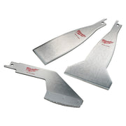 Three Milwaukee steel scraper blades with handles in varying widths and shapes, one with abrasive coating.