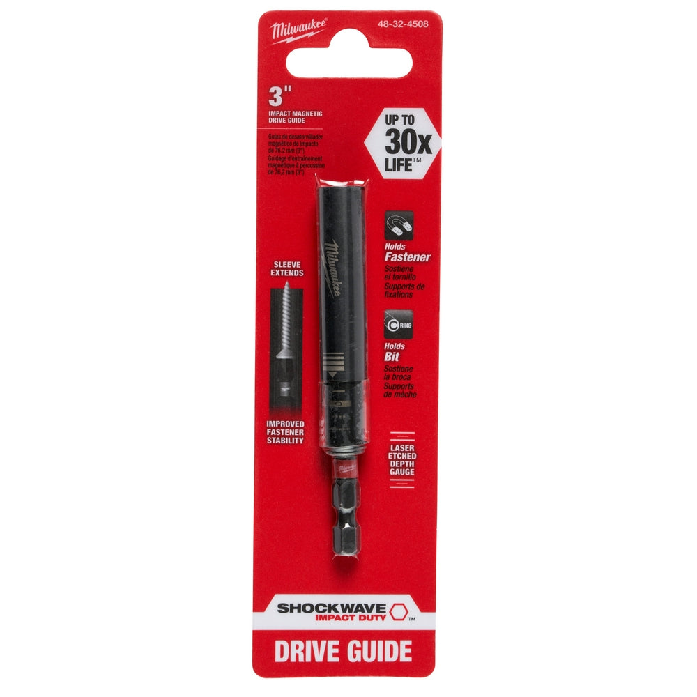 Milwaukee Shockwave 3" magnetic drive guide with black metal sleeve and bit holder on red packaging card.