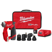 Milwaukee M12 FUEL red drill/driver kit with carrying case, battery, charger, and four black attachment heads.