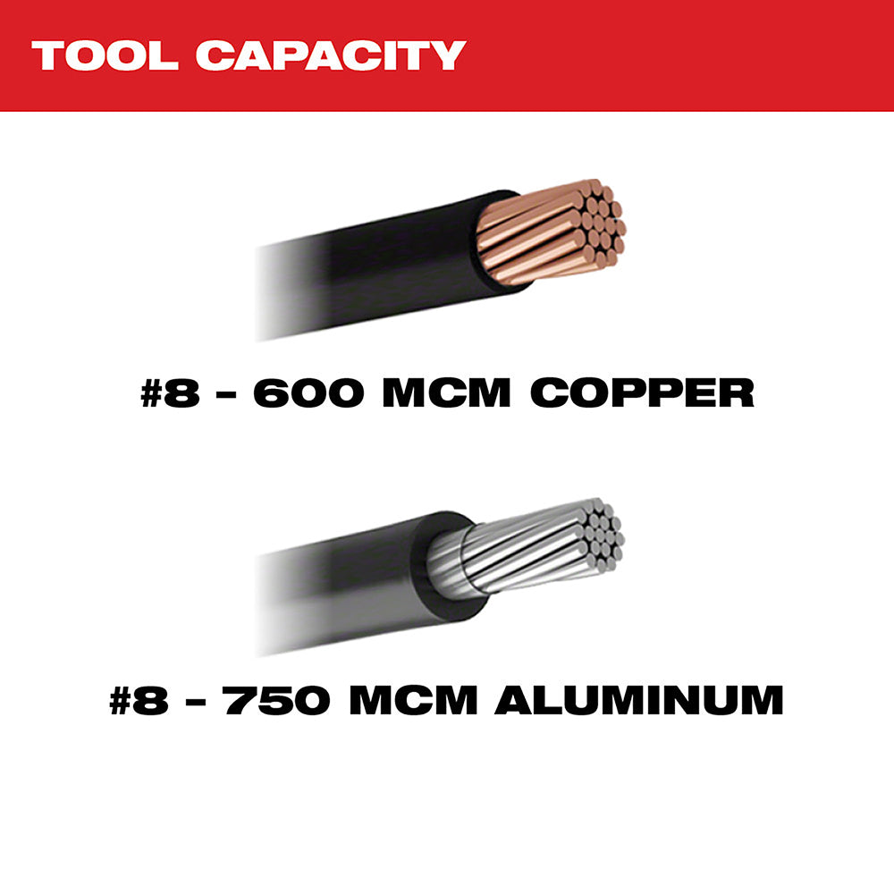 Diagram showing #8 600 MCM copper cable and #8 750 MCM aluminum cable cross-sections with black insulation.