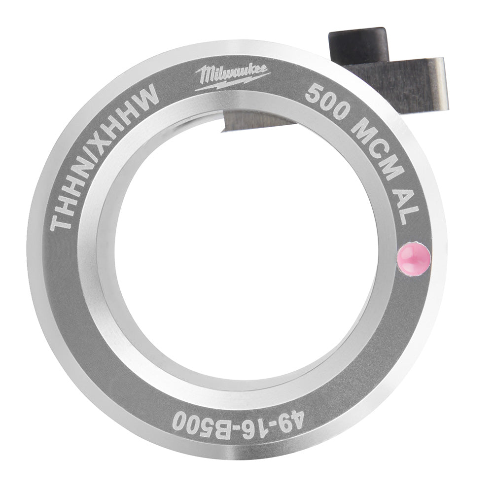 Milwaukee 500 MCM aluminum THHN/XHHW bushing with gray metal ring and pink indicator dot.
