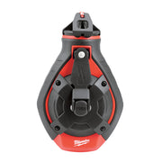 Red and gray Milwaukee chalk reel with push button release and mounting hook at top.