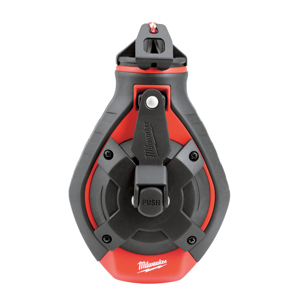 Red and gray Milwaukee chalk reel with push button release and mounting hook at top.