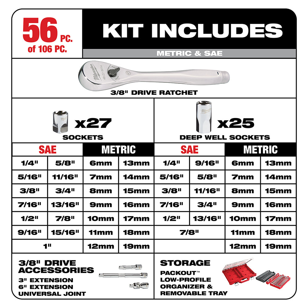 3/8" drive ratchet with 27 standard and 25 deep well sockets in SAE and metric sizes, plus accessories and PACKOUT storage.