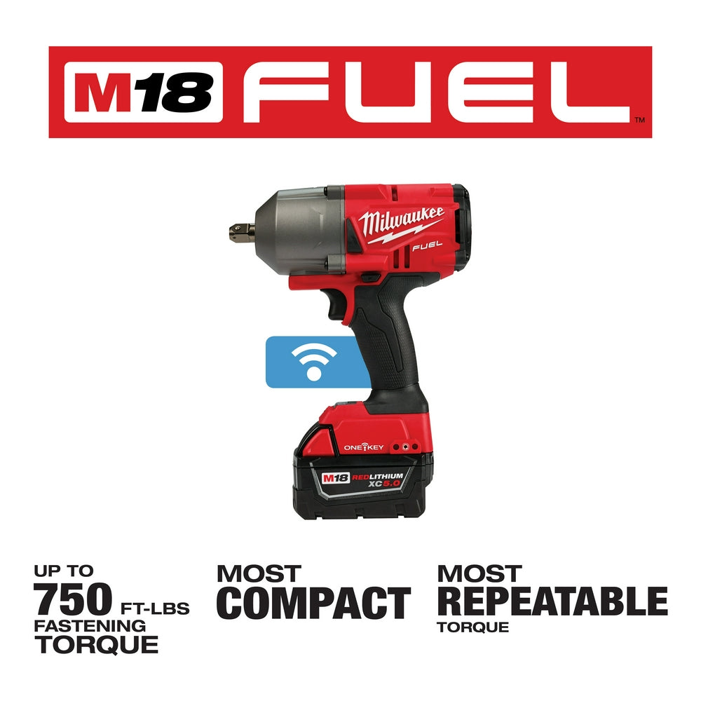 Milwaukee M18 FUEL high torque impact wrench with red and black body, battery, and ONE-KEY wireless icon displayed.