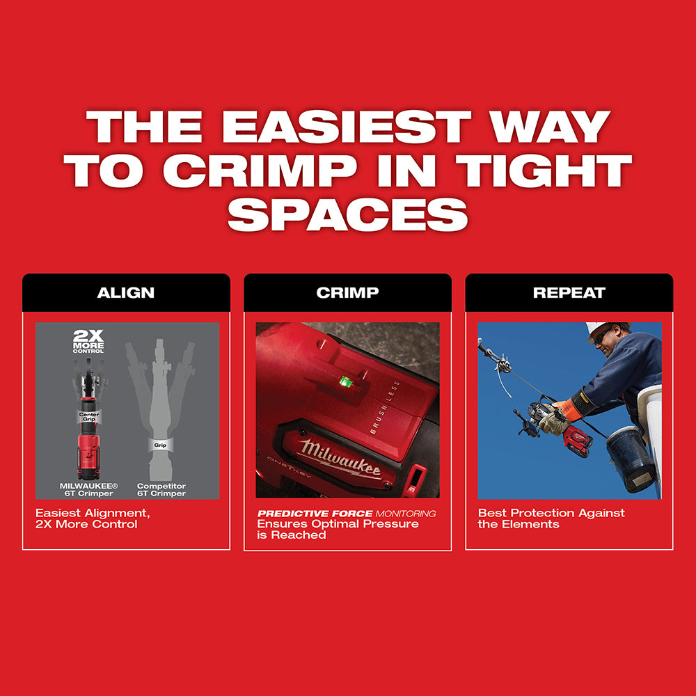 Red Milwaukee M18 utility crimper displayed with instructional graphics showing alignment, crimping, and application steps.