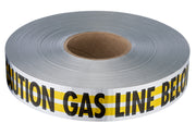 Roll of white and yellow detectable tape with black "CAUTION GAS LINE BELOW" text printed along the length.