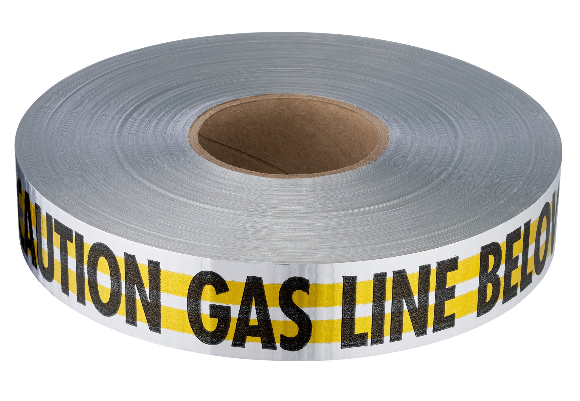 Roll of white and yellow detectable tape with black "CAUTION GAS LINE BELOW" text printed along the length.