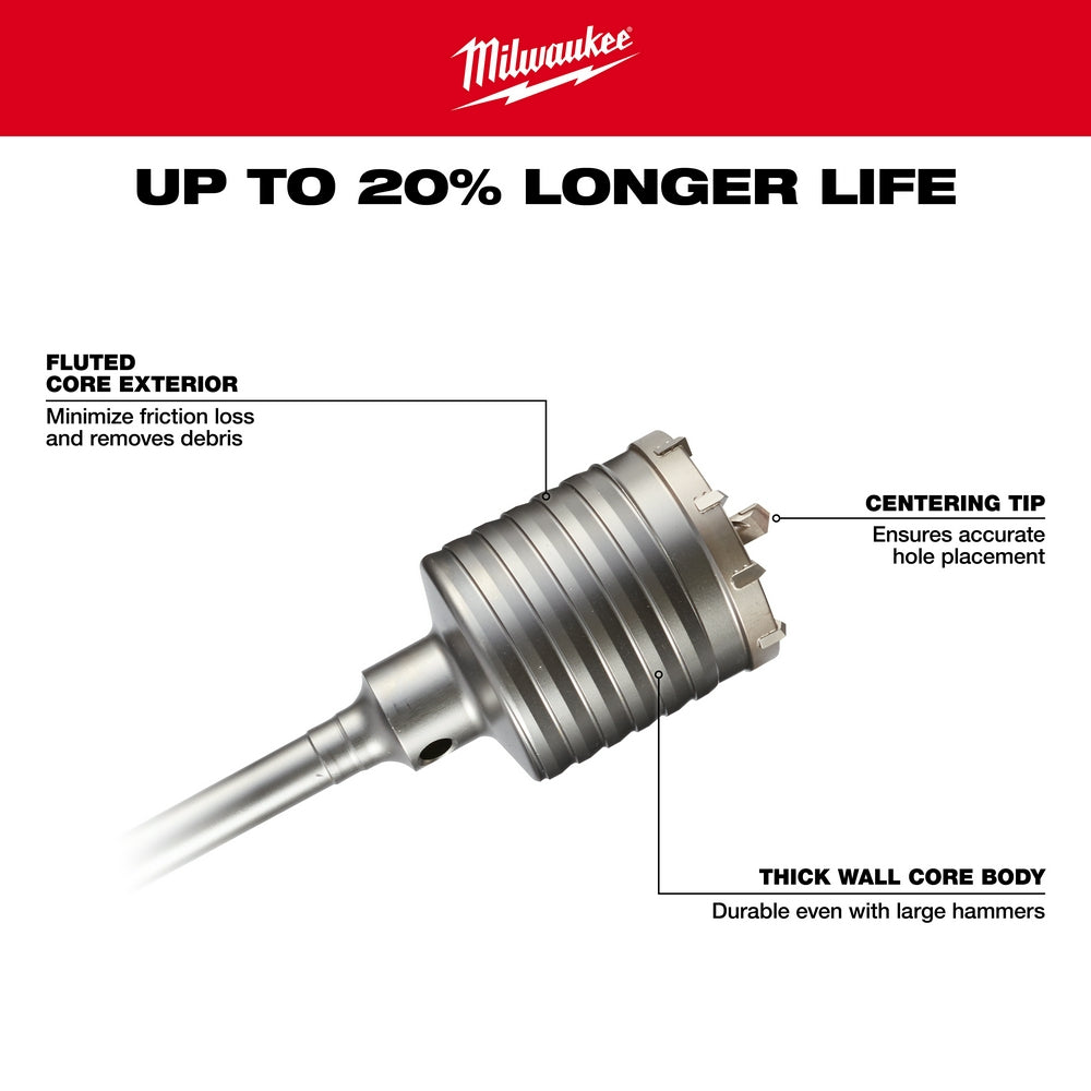 Milwaukee SDS-Max core bit with fluted exterior, centering tip, and thick wall body construction.