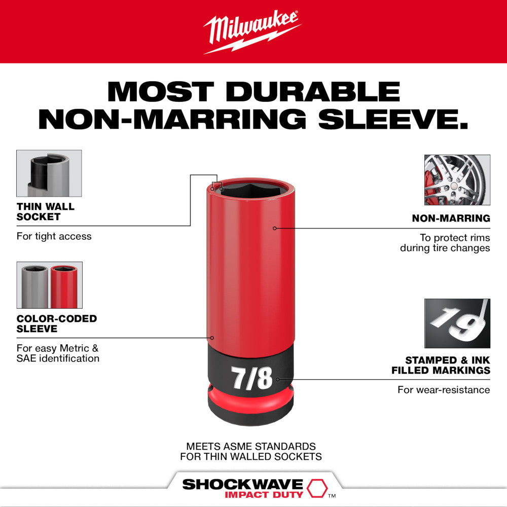 Red and black Milwaukee Shockwave Impact Duty lug nut socket with thin wall design and non-marring sleeve.